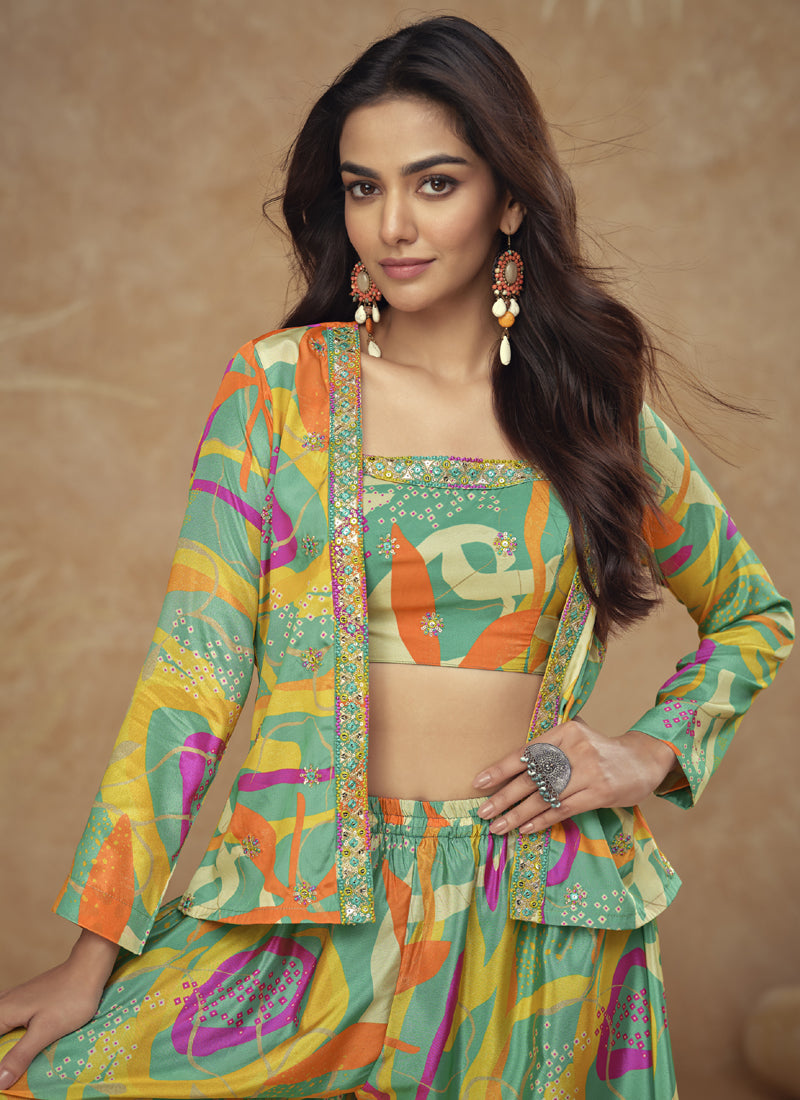 Multicolor Chinon Silk Digital Print Bohemian Palazzo Suit