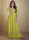 Yellow Chinon silk palazzo suit featuring digital prints and gota patti embroidery