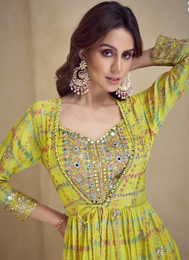 Yellow Chinon Silk Digital Print Palazzo Suit with Gota Patti