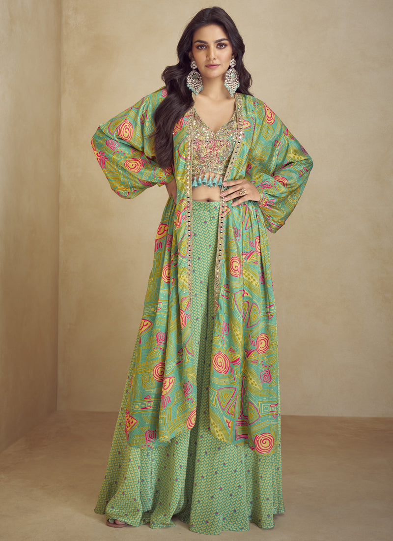 Sea Green Chinon Silk Digital Print Western Palazzo Suit