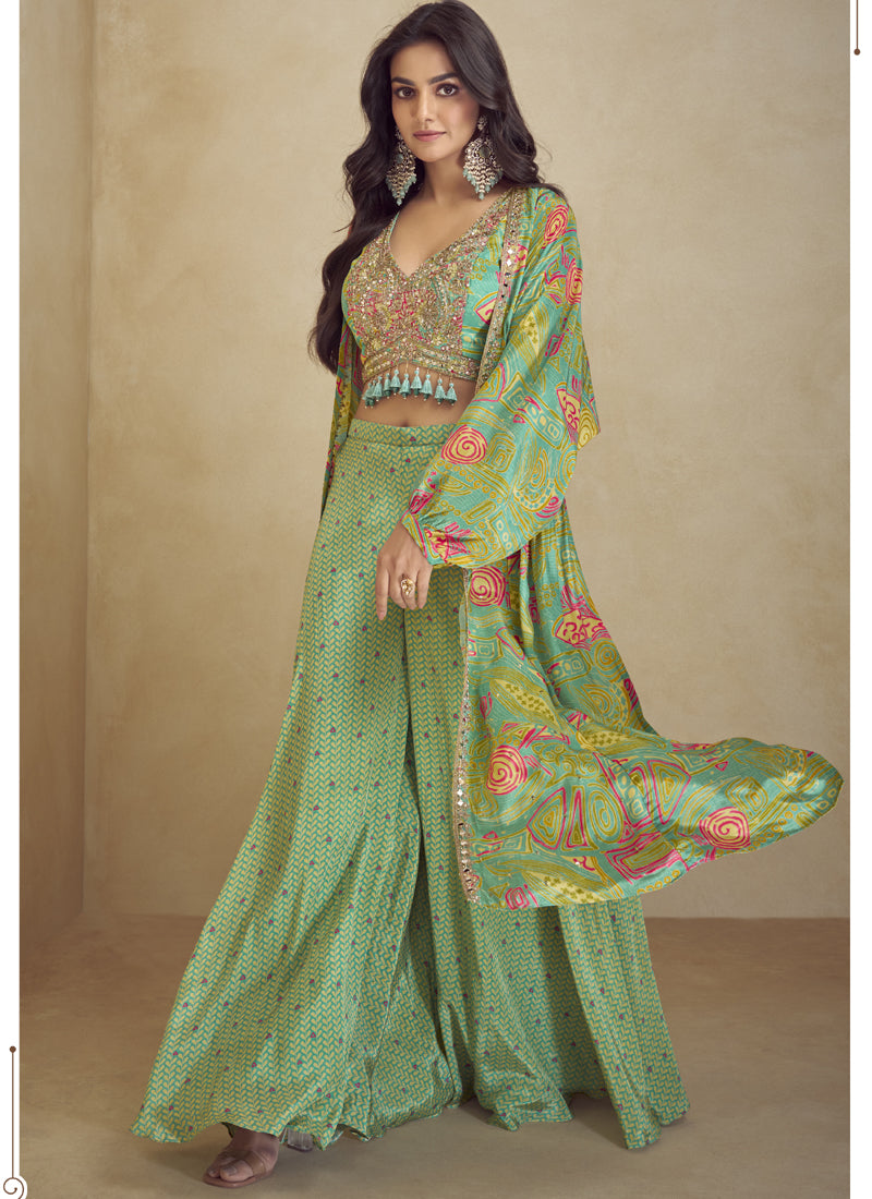 Sea green Chinon silk palazzo suit featuring digital prints and delicate embroidery.