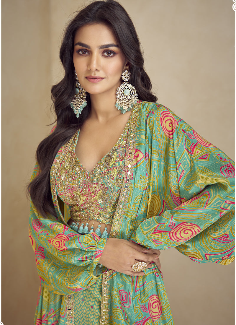 Sea Green Chinon Silk Digital Print Western Palazzo Suit