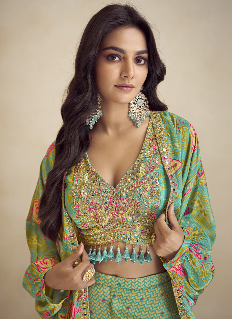 Sea Green Chinon Silk Digital Print Western Palazzo Suit