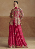 Pink Chinon Silk designer palazzo suit with detailed embroidery and shimmering finish