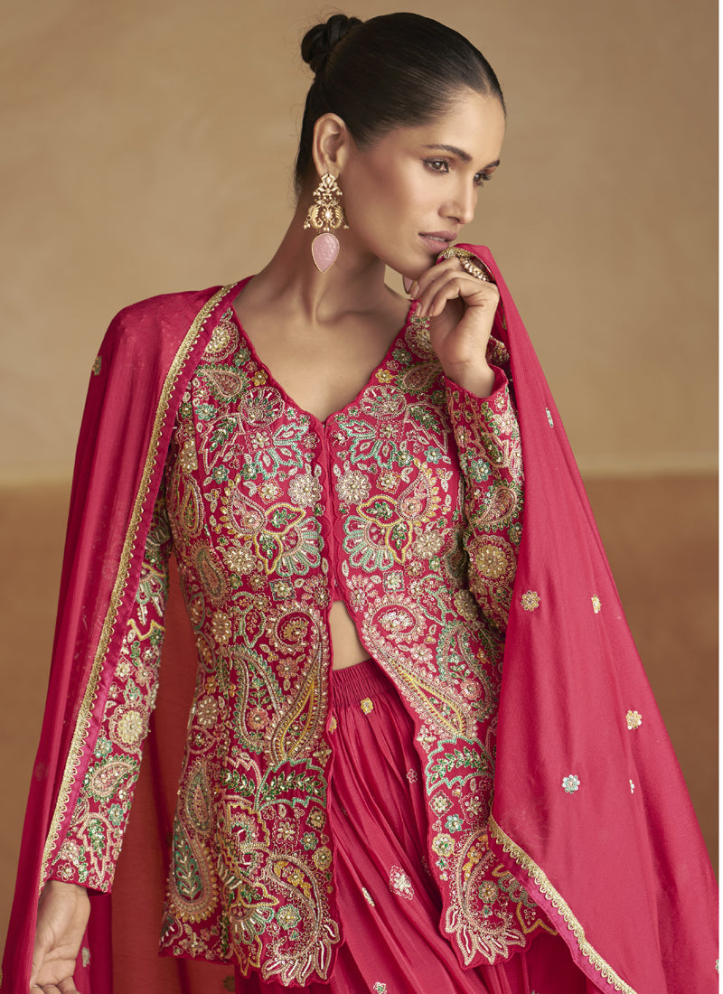 Pink Chinon Silk Embroidered Designer Palazzo Suit