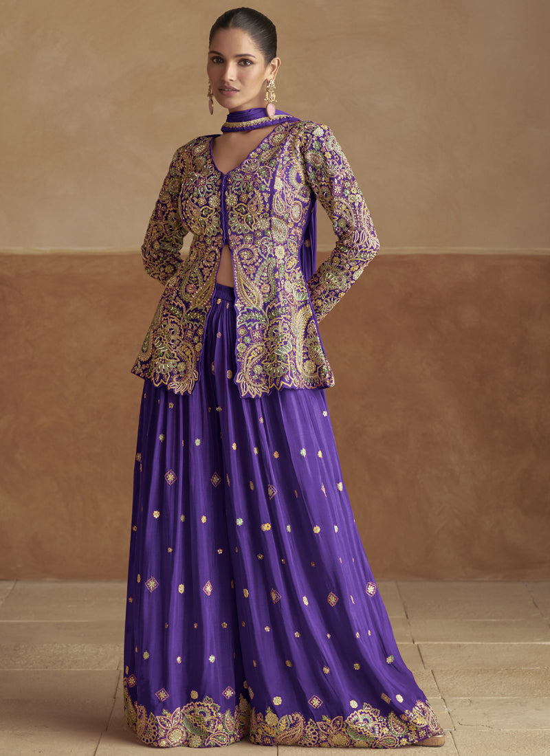 Violet Pink Chinon Silk designer palazzo suit with intricate gota patti embroidery