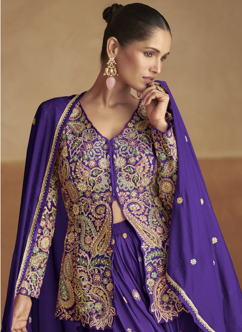 Violet Pink Chinon Silk Embroidered Palazzo Suit for Wedding