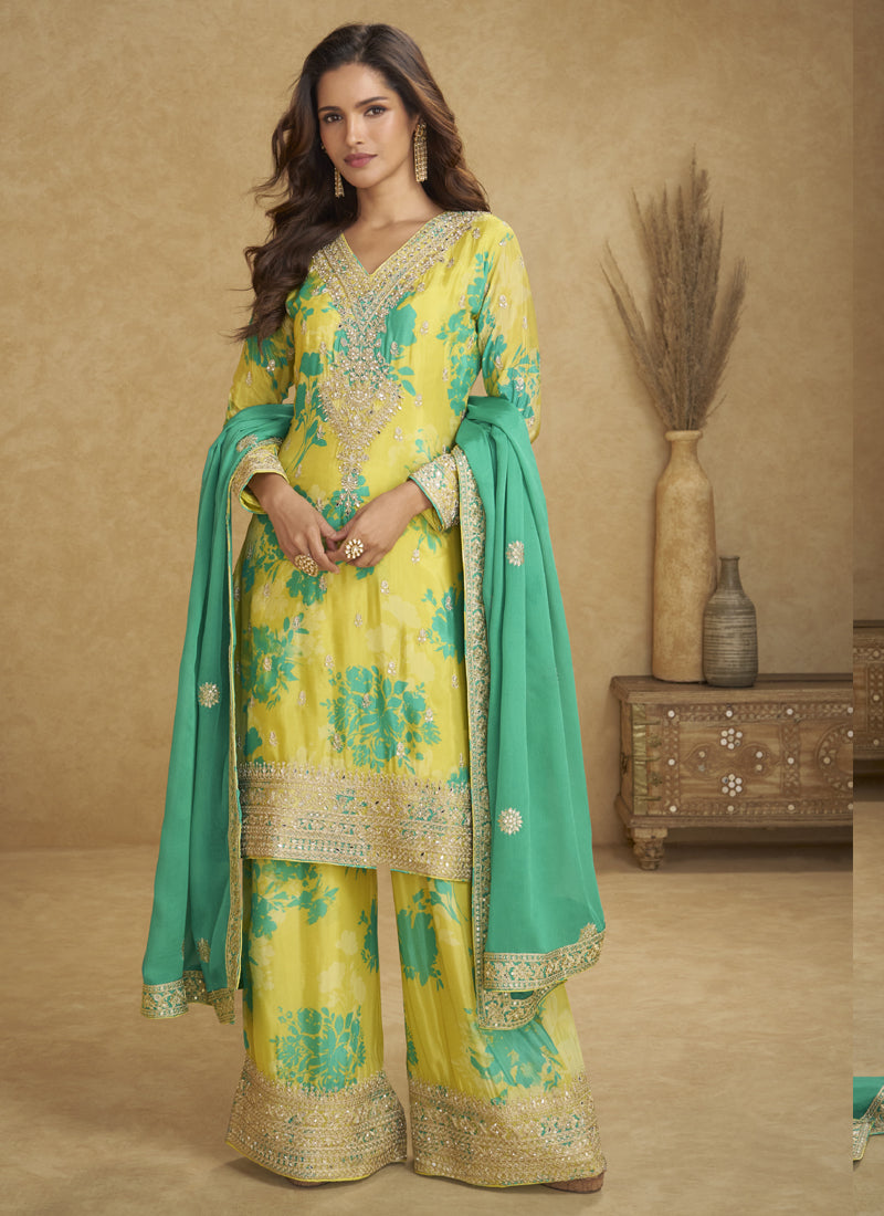 Light Yellow Chinon Silk Digital Print Designer Palazzo Suit