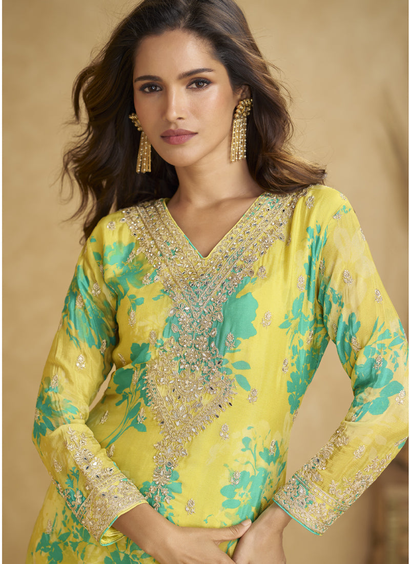 Light Yellow Chinon Silk Digital Print Designer Palazzo Suit