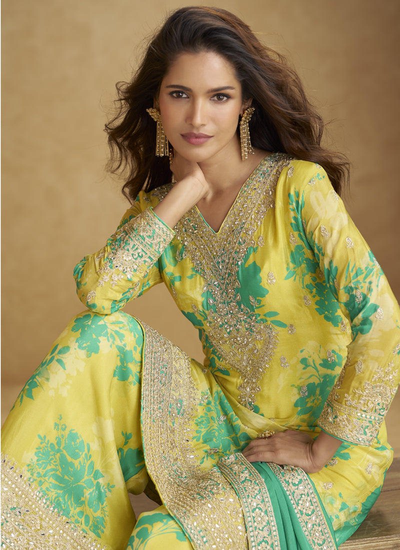 Light Yellow Chinon Silk Digital Print Designer Palazzo Suit