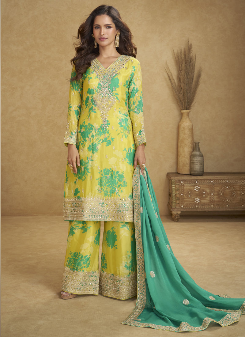 Light yellow palazzo suit in Chinon silk with digital floral prints and detailed embroidery.