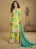 Light yellow palazzo suit in Chinon silk with digital floral prints and detailed embroidery.