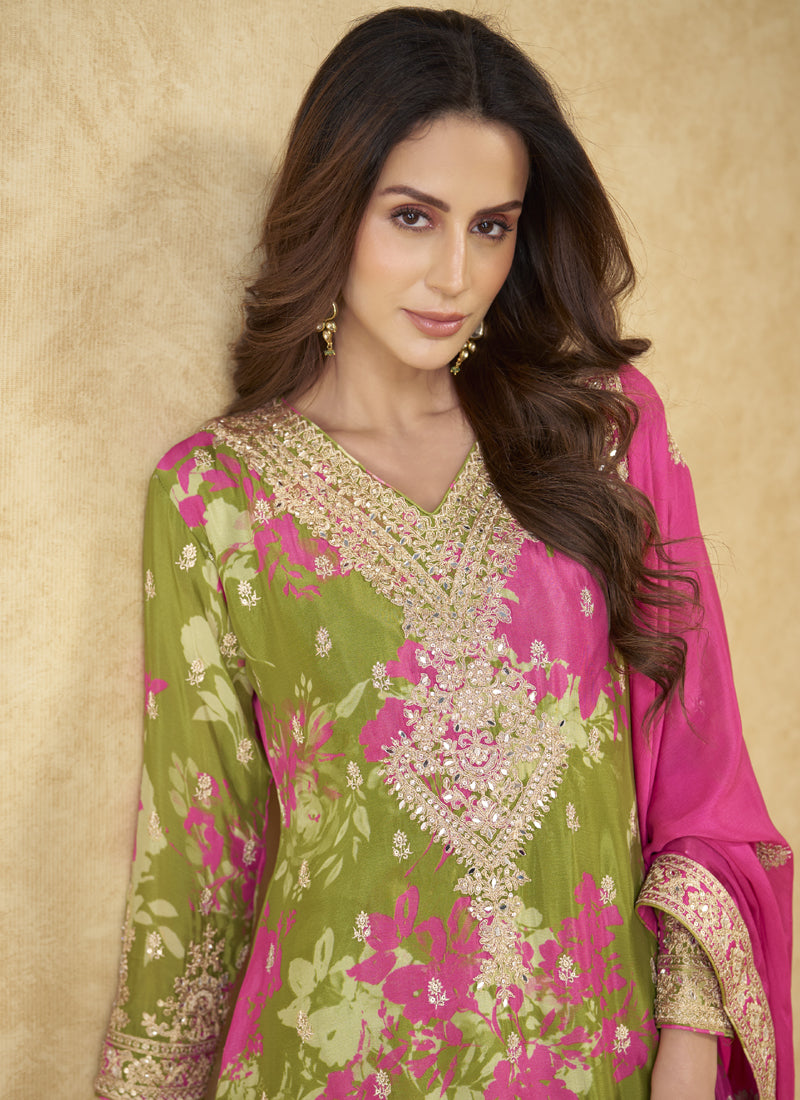Mehendi Chinon Silk Digital Print Designer Palazzo Suit