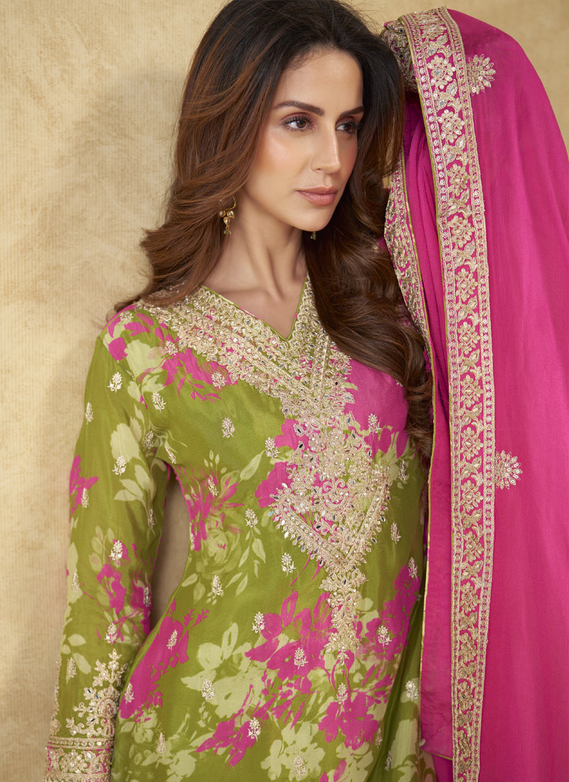 Mehendi Chinon Silk Digital Print Designer Palazzo Suit