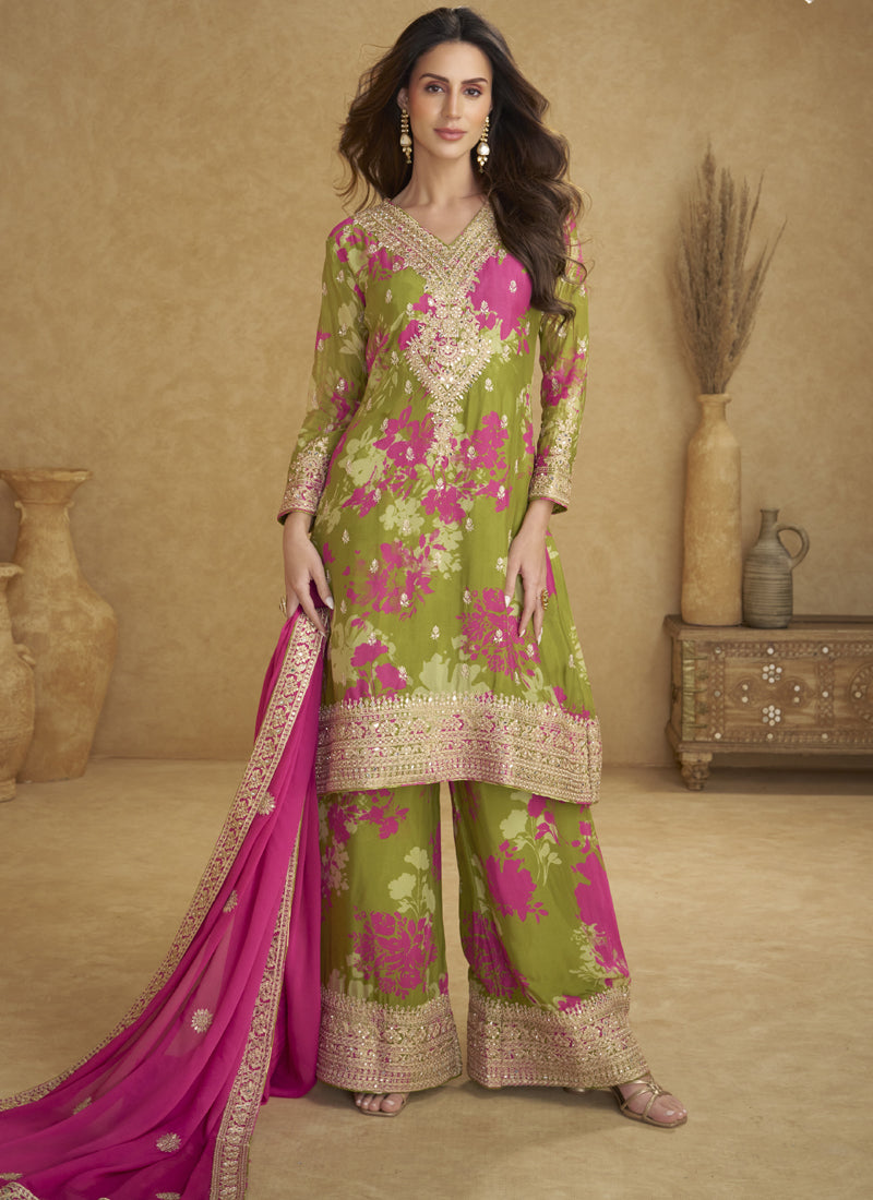 Mehendi colored Chinon silk designer palazzo suit with Gota Patti and embroidery