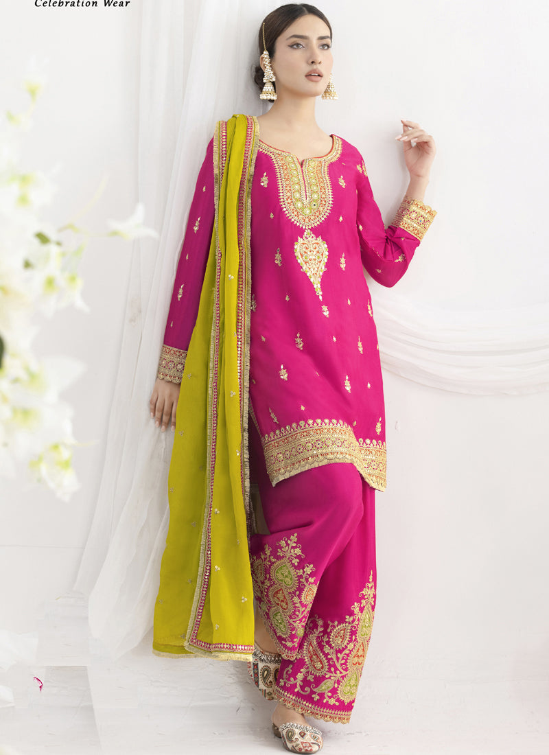 Pink Chinon Silk Embroidered Designer Salwar Suit Set