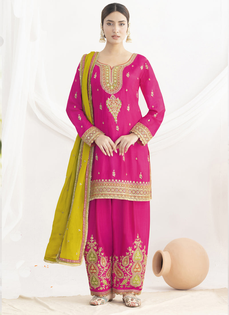 Pink Chinon Silk embroidered designer salwar suit with dupatta