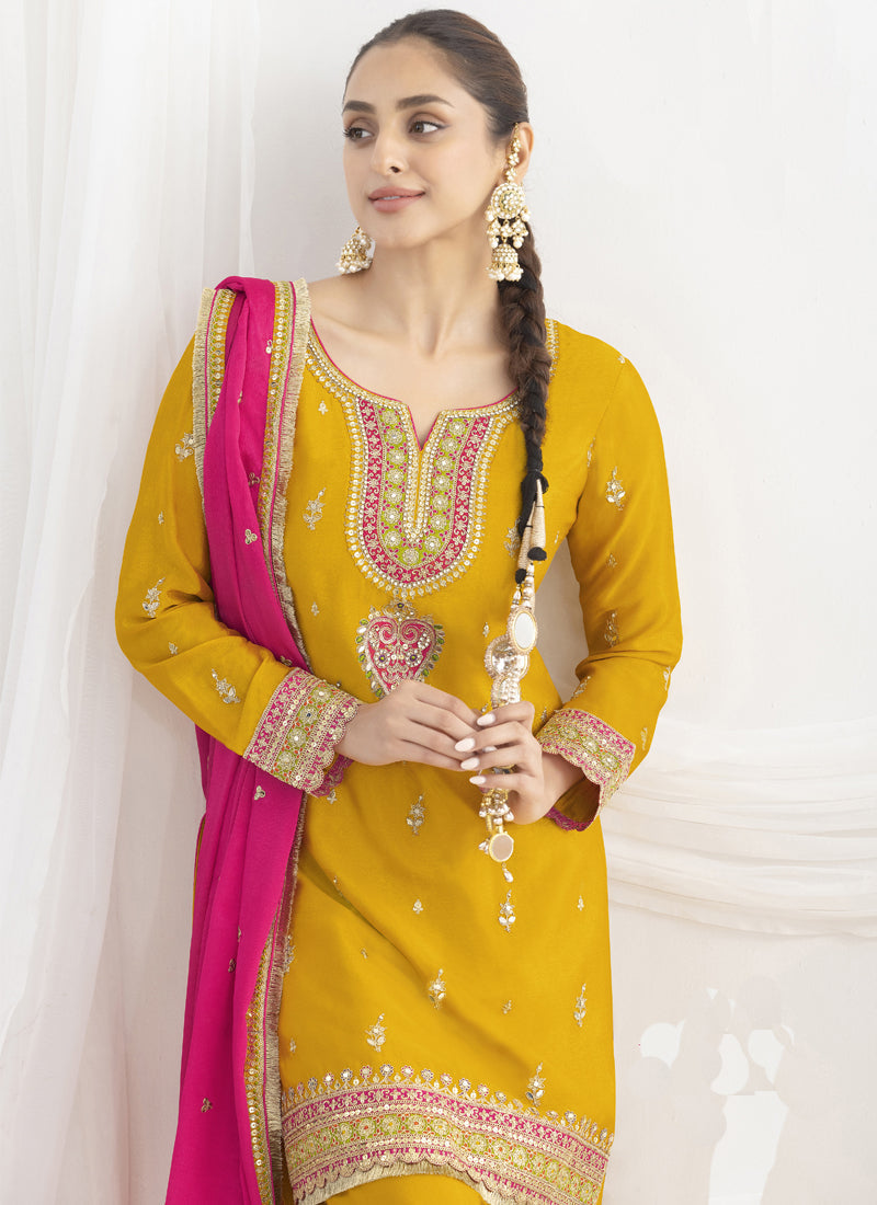 Yellow Chinon Silk Embroidered Designer Salwar Suit Set
