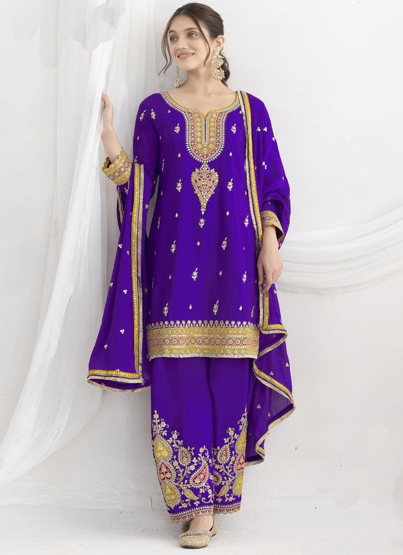 Violet chinon silk designer salwar suit with embroidery, including top, bottom, and dupatta