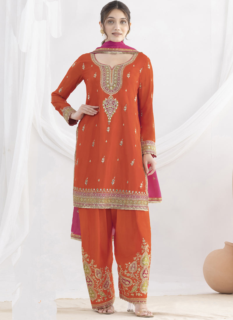 Orange Chinon Silk Embroidered Designer Salwar Suit Set
