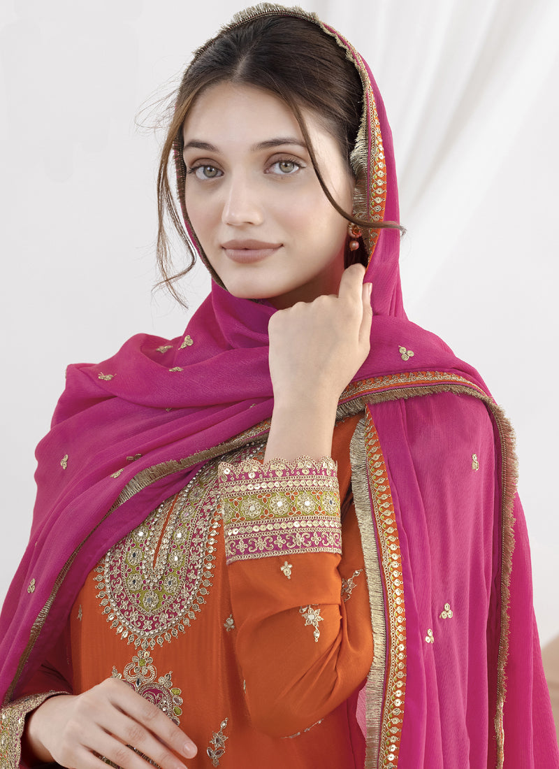 Orange Chinon Silk Embroidered Designer Salwar Suit Set