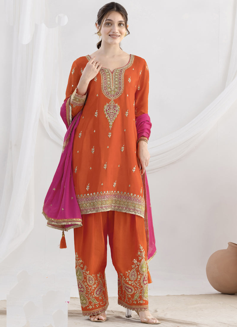 Orange Chinon Silk and Georgette embroidered designer salwar suit