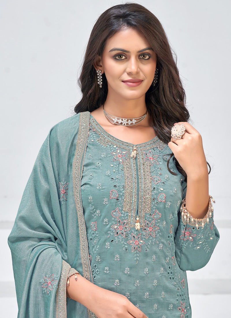 Grey Vichitra silk palazzo suit with detailed embroidery and shimmer finish