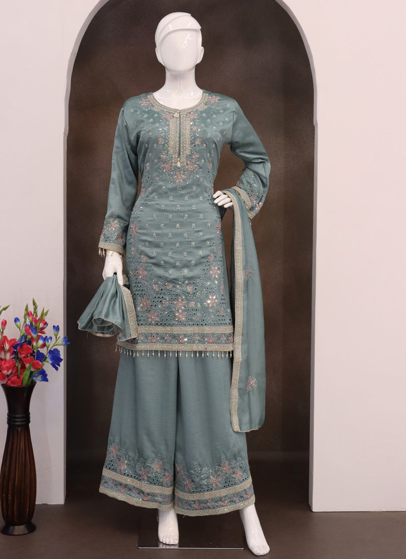 Grey Vichitra Silk Embroidered Palazzo Suit for Wedding Events
