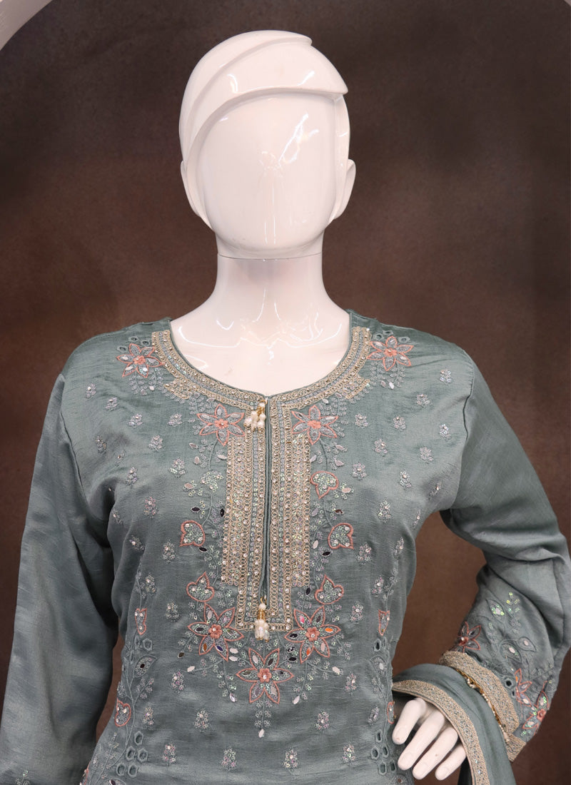 Grey Vichitra Silk Embroidered Palazzo Suit for Wedding Events