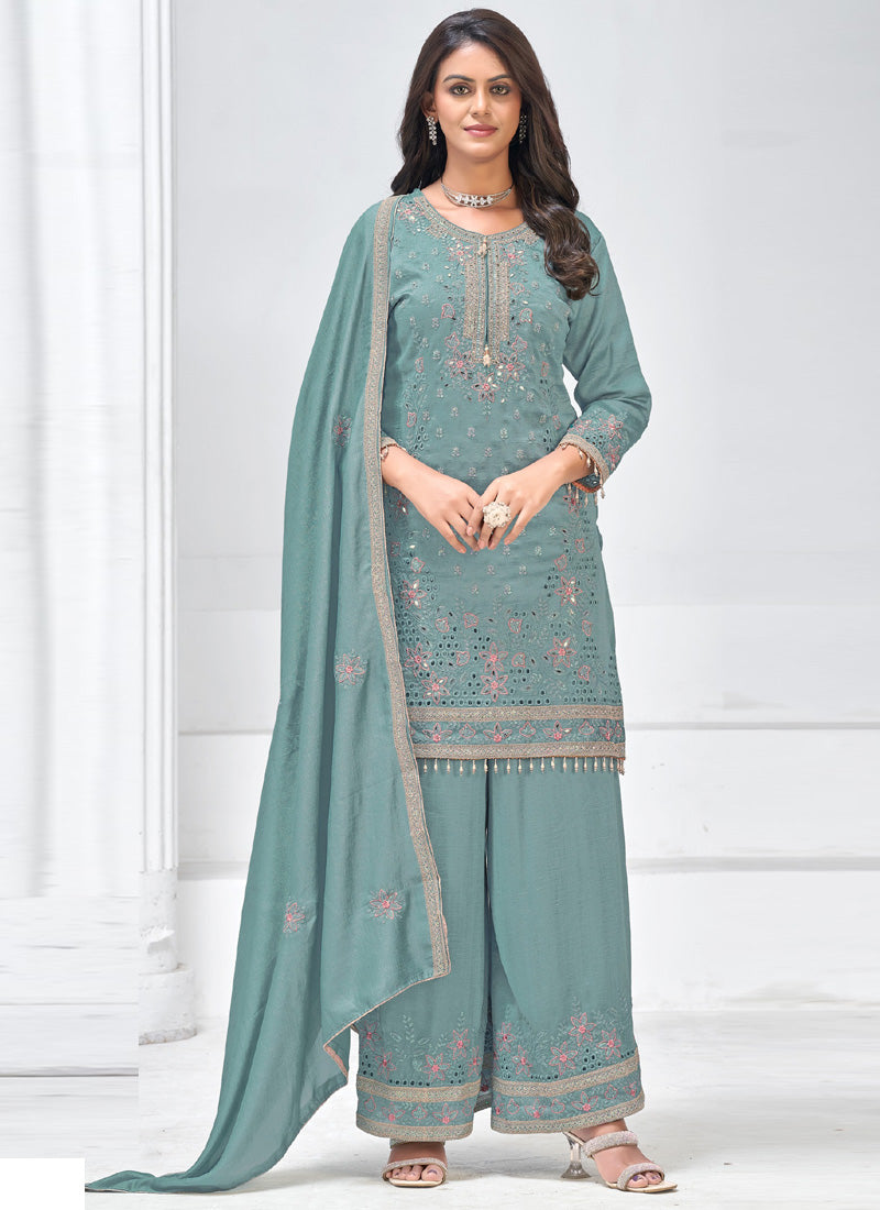 Grey Vichitra Silk Embroidered Palazzo Suit for Wedding Events