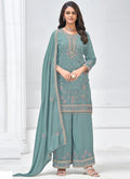 Grey Vichitra Silk Embroidered Palazzo Suit for Wedding Events