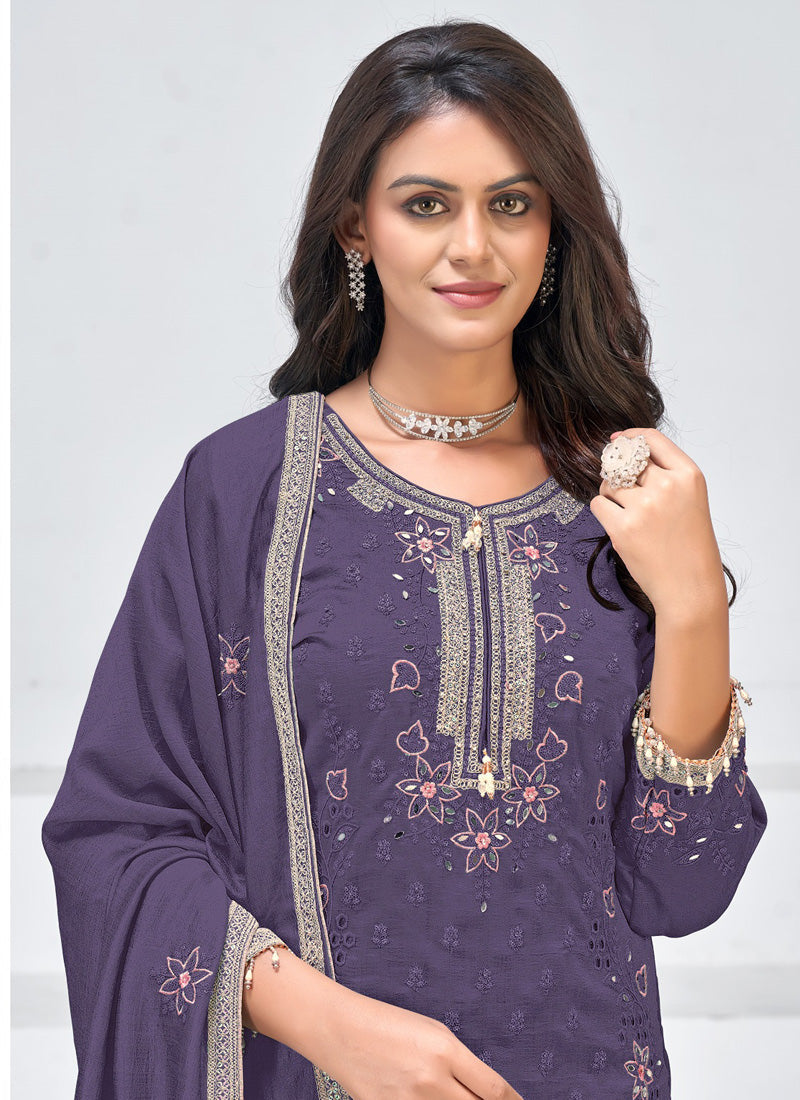 Violet Vichitra Silk Embroidered Palazzo Suit Set