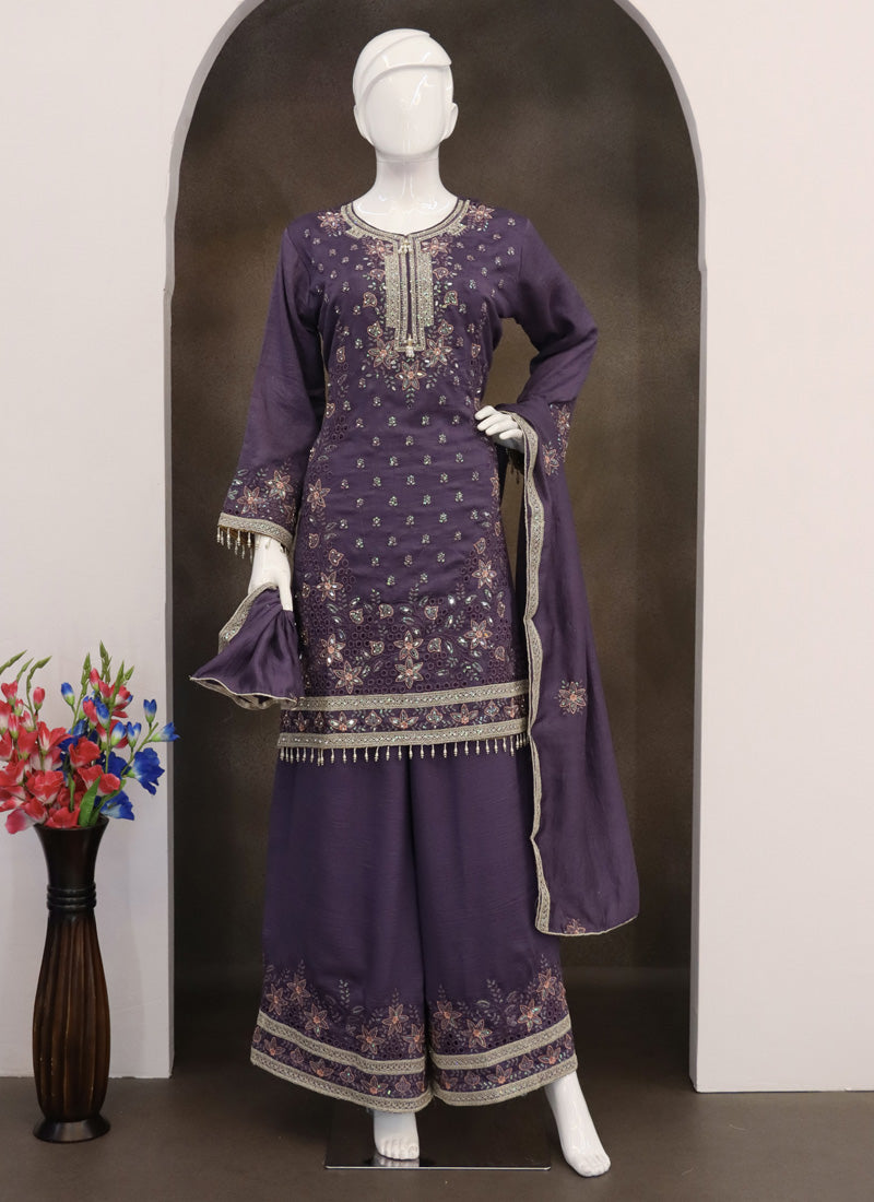 Violet Vichitra Silk Embroidered Palazzo Suit Set