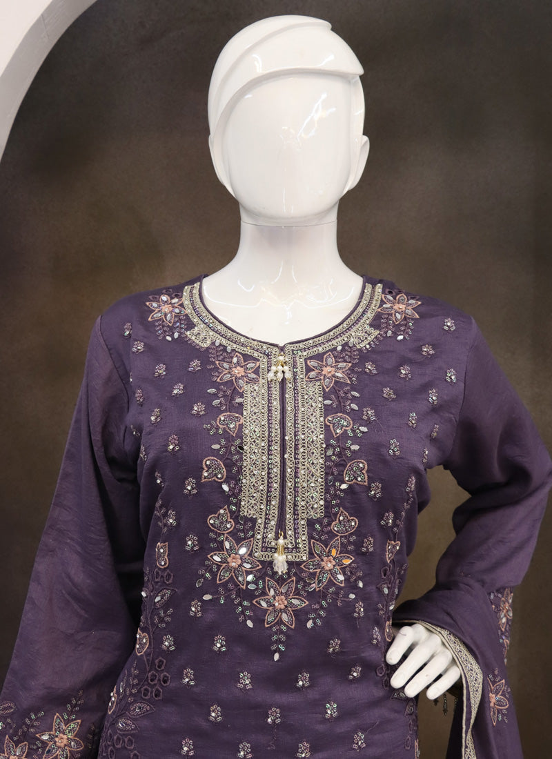 Violet Vichitra Silk Embroidered Palazzo Suit Set