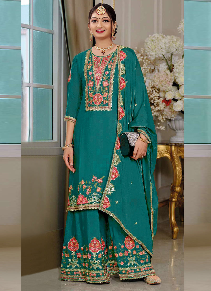 Elegant Rama green chinon silk palazzo suit with designer embroidery