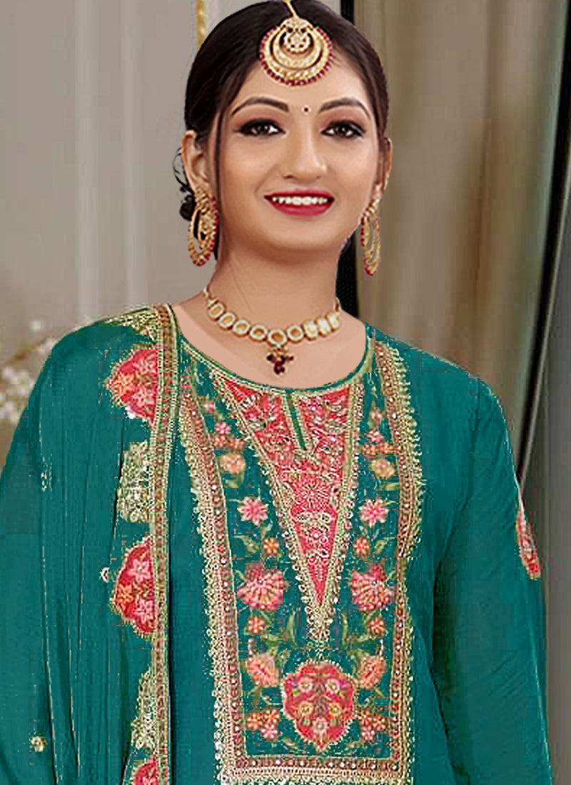 Rama Green Chinon Silk Embroidered Designer Palazzo Suit