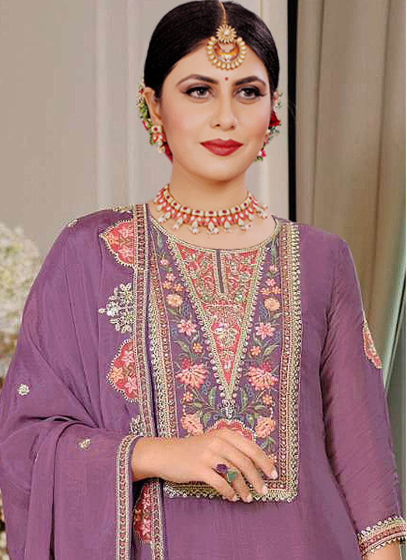 Vegaa Fashion Onion Pink Chinon Silk Embroidered Designer Palazzo Suit