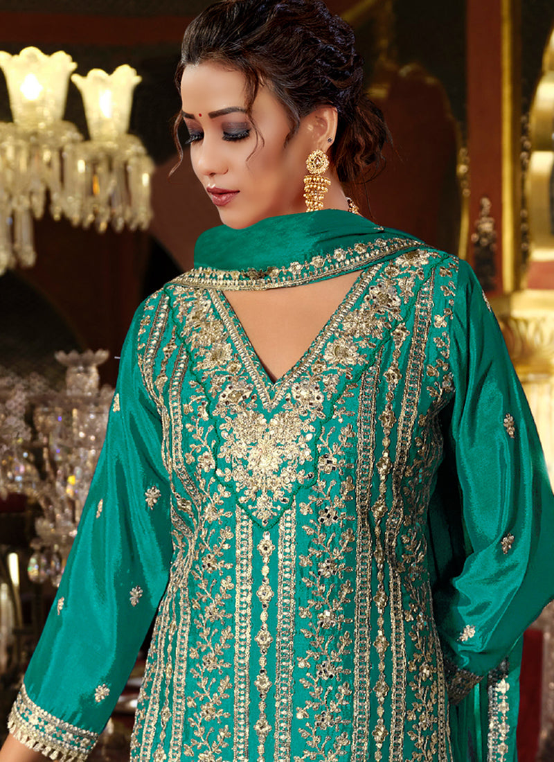 Vegaa Fashion Turquoise Chinon Silk Embroidered Designer Palazzo Suit