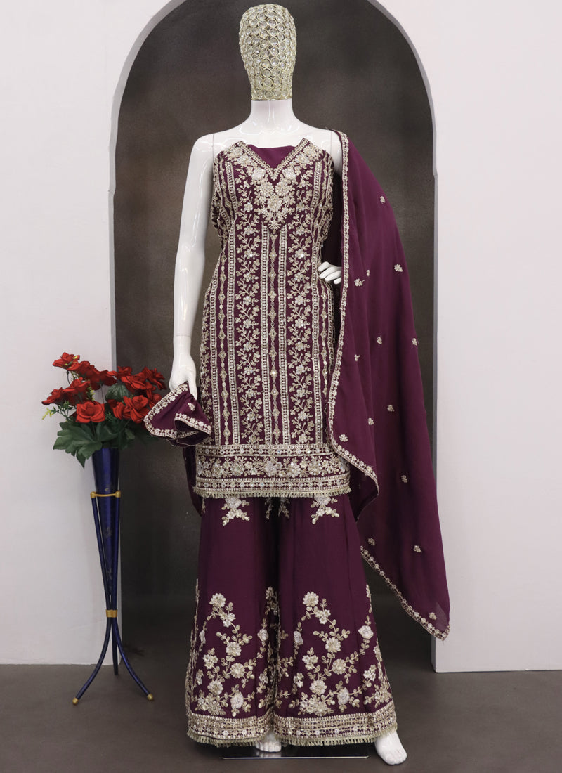 Vegaa Fashion Purple Chinon Silk Embroidered Designer Palazzo Suit