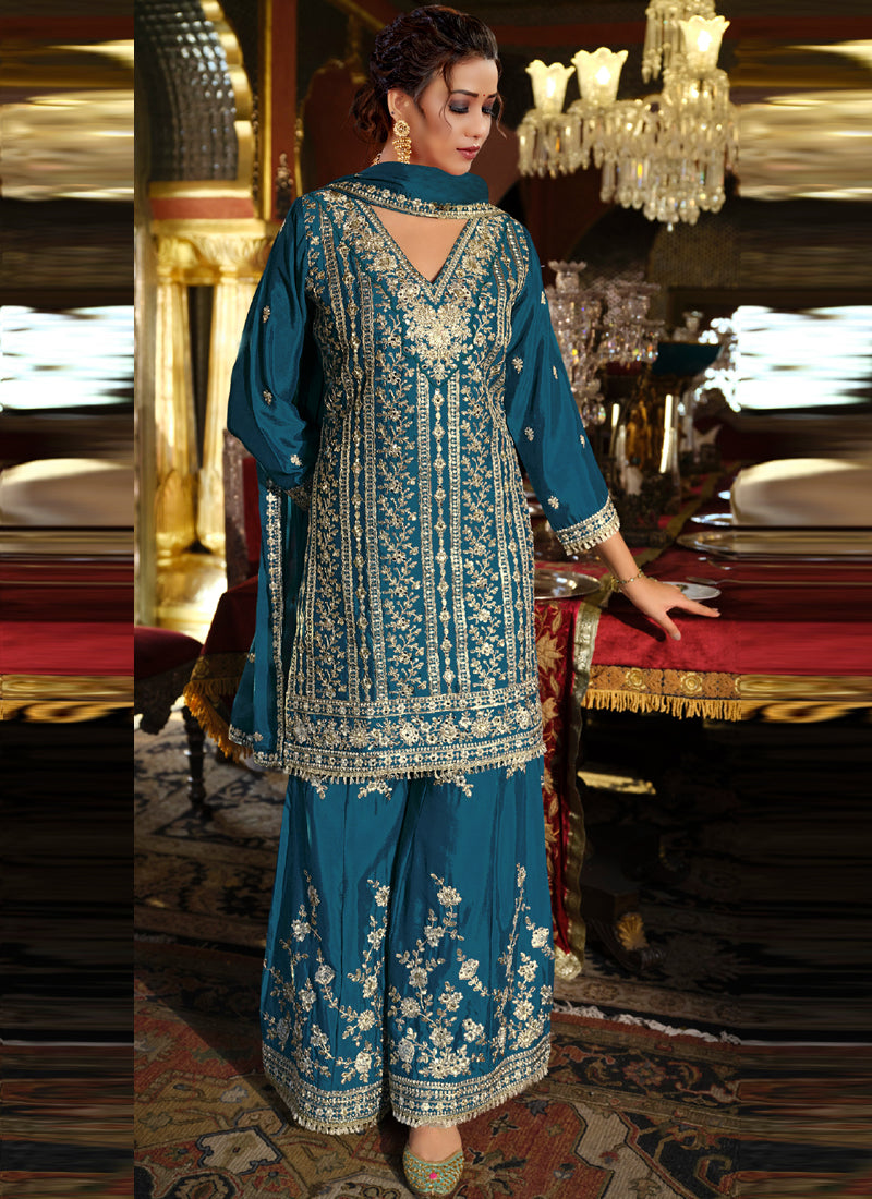Vegaa Fashion Blue Chinon Silk Embroidered Designer Palazzo Suit