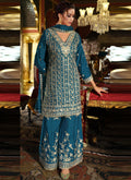 Vegaa Fashion Blue Chinon Silk Embroidered Designer Palazzo Suit