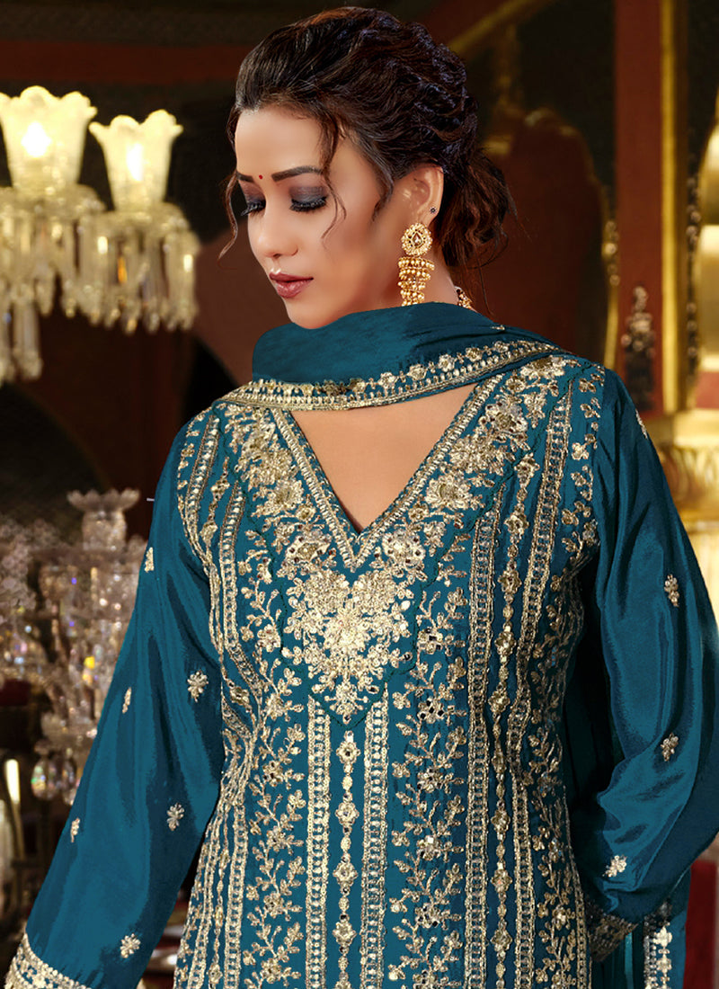 Vegaa Fashion Blue Chinon Silk Embroidered Designer Palazzo Suit