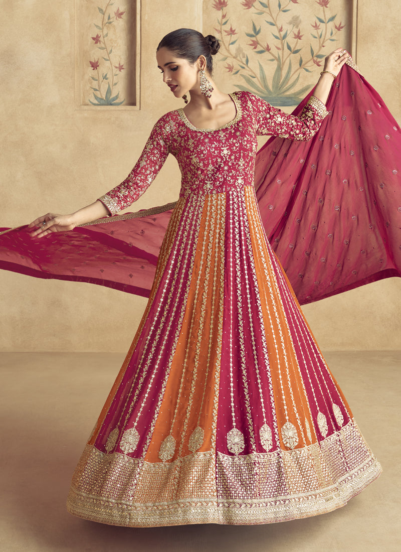 Red Real Georgette Anarkali Suit with Zari and Resham Embroidery