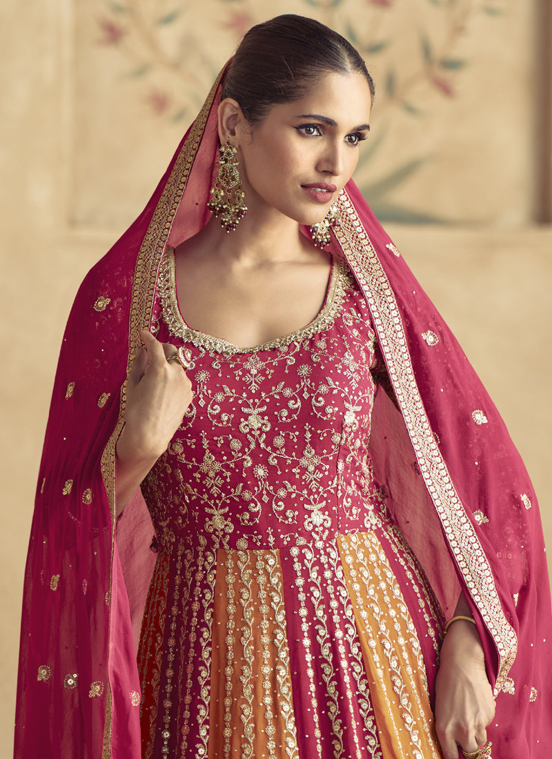 Red Real Georgette Anarkali Suit with Zari and Resham Embroidery
