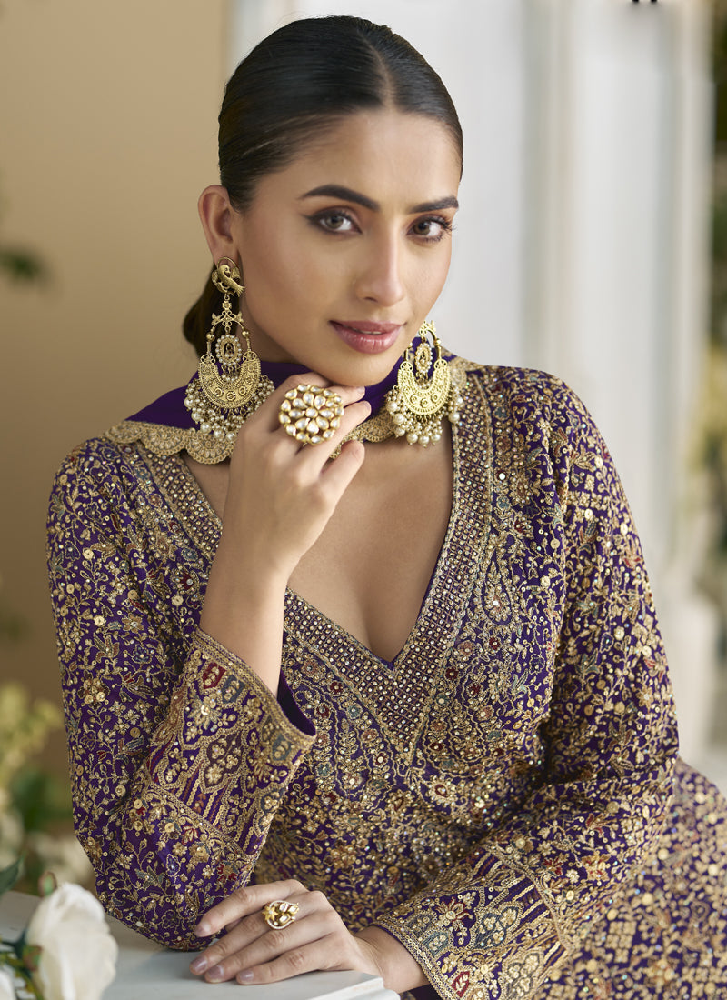 Violet Real Georgette Embroidered Palazzo Suit for Weddings
