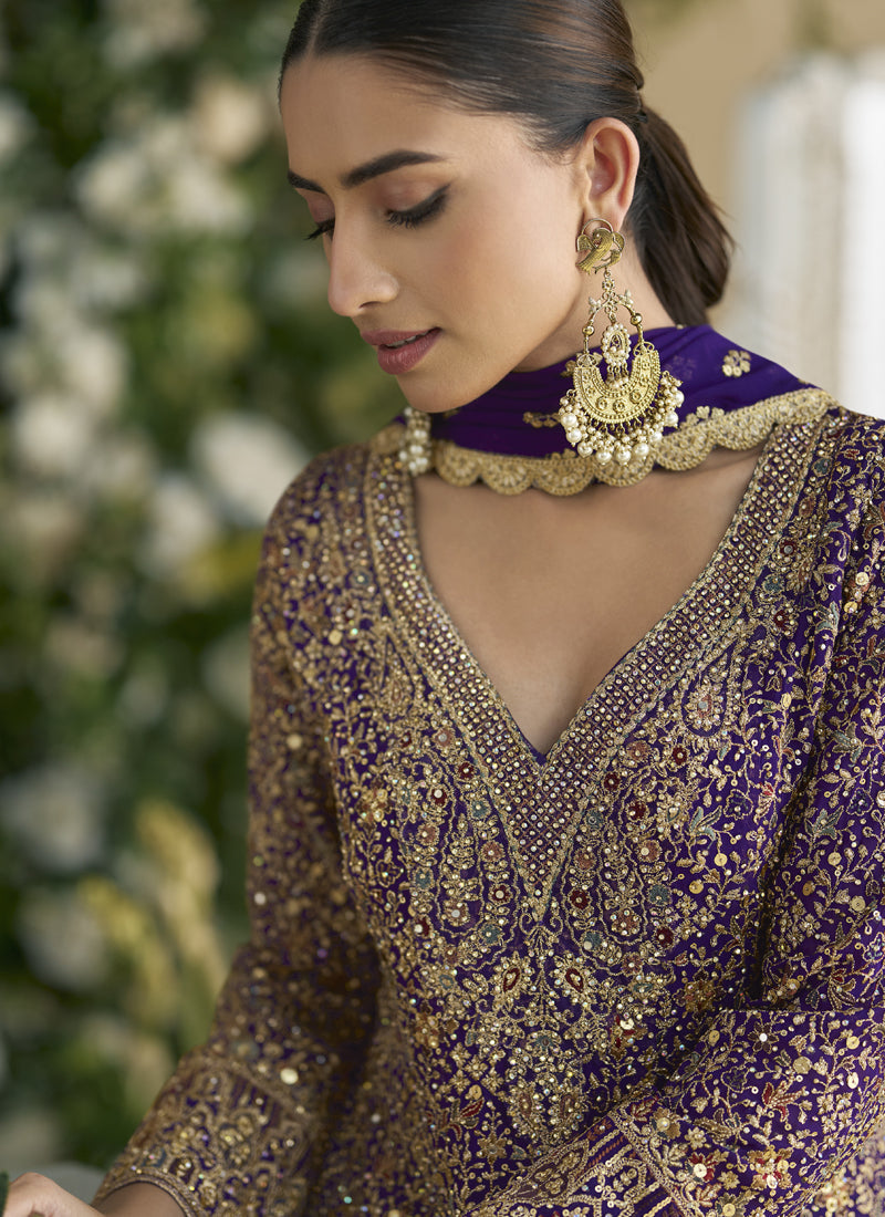 Violet Real Georgette Embroidered Palazzo Suit for Weddings