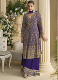 Violet Real Georgette palazzo suit with intricate gold embroidery and Gota Patti work