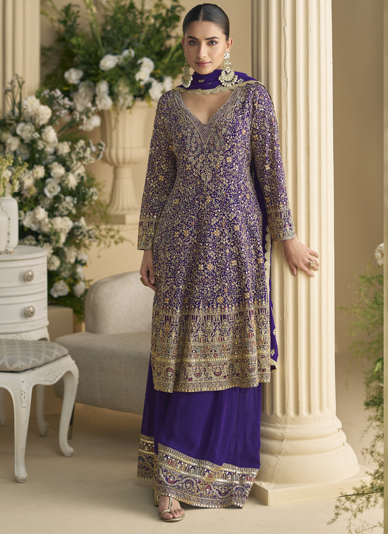 Violet Real Georgette palazzo suit with intricate gold embroidery and Gota Patti work