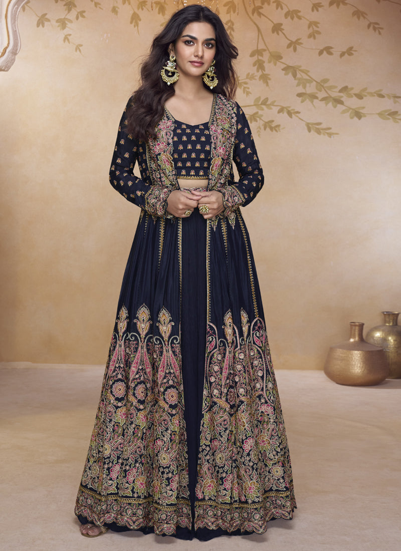 Lavender Simar Silk lehenga style suit with intricate embroidery and Gota Patti detailing