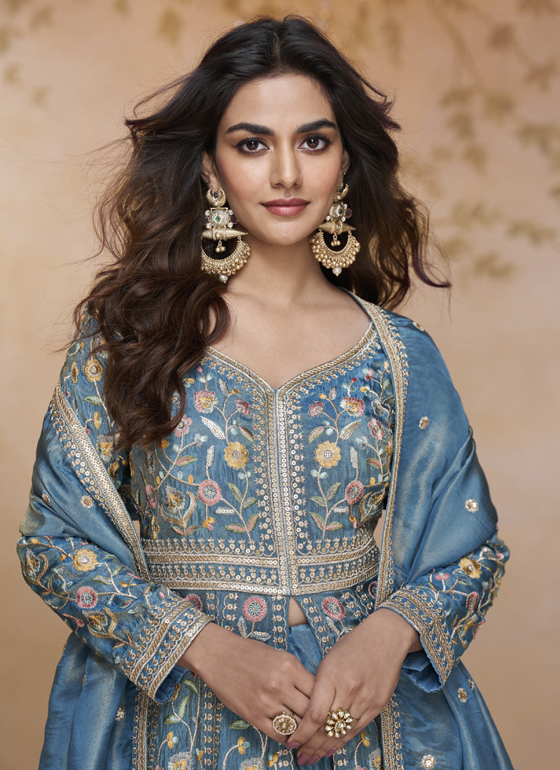 Sky Blue Simar Silk Embroidered Lehenga Style Wedding Suit